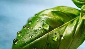 Close-up of a Fresh Basil Leaf With Dew Droplets on a Blue Background Showcasing Natural Freshness and Vibrant Color in a Kitchen Setting photo