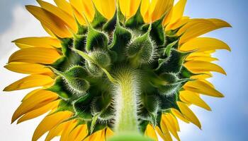 Bright Sunflower Viewed From Below Showing Green Leaves and Vibrant Yellow Petals Against a Clear Blue Sky photo