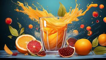 Fresh Citrus Juice Splashing in a Glass Surrounded by Vibrant Fruits in a Colorful Setting photo
