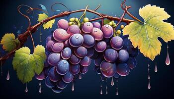 Vibrant Cluster of Ripe Grapes Glistening With Dew on a Vine Against a Deep Blue Backdrop During the Early Morning photo