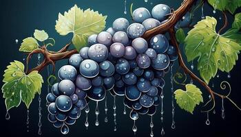 Bunch of Ripe Grapes Glistening With Dew on a Vine Against a Dark Background photo