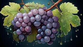 Freshly Harvested Grapes With Dew on Leaves Highlighted Against a Dark Background in Vibrant Colors photo