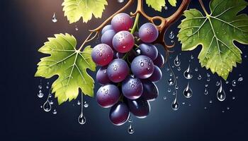 Fresh Grapes Hang From a Vine Covered in Dew Under Soft Lighting in a Lush Vineyard Setting photo