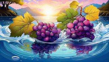 Grapes Floating in Water With a Colorful Sunset Background at a Serene Lakeside Setting photo