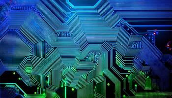 Intricate Circuitry Design Showcasing Vibrant Blue and Green Patterns on a Computer Chip photo