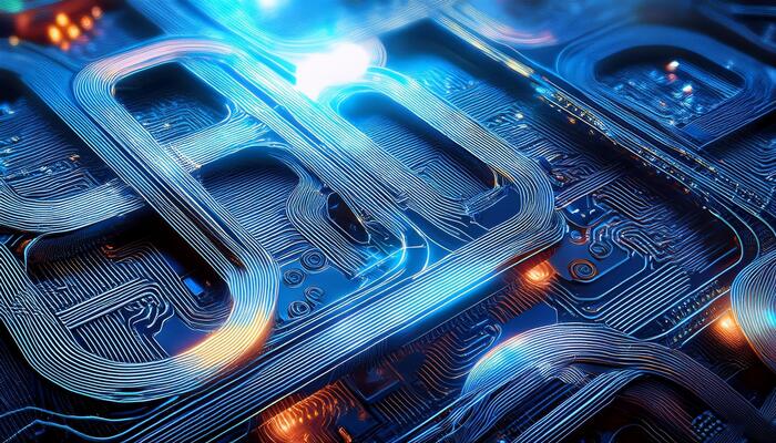 Detailed View of a Futuristic Circuit Board Illuminated With Bright Blue and Orange Lights