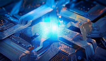 Close-up View of a Futuristic Circuit Board With Glowing Connections Highlighting Modern Technology Innovations photo