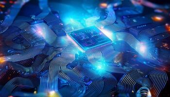 Electronic Circuit Board With Glowing Microchip and Intricate Connections During Night Illumination photo