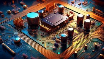 Exploration of an Intricate Computer Circuit Board Showcasing Advanced Technology and Design Elements photo