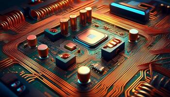 Close-up View of a High-Tech Computer Motherboard Showcasing Intricate Circuitry and a Central Processor photo