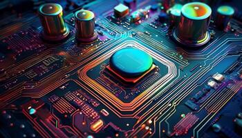 Colorful Microprocessor Circuit Board With Glowing Components in a Futuristic Design photo