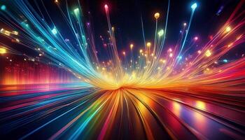 Vivid Lights Burst From Center, Illuminating Dark Space in Dynamic, Colorful Display of Energy and Movement at Night photo