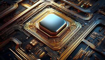 Close-up View of a Modern Microprocessor on a Circuit Board With Intricate Designs and Connections photo