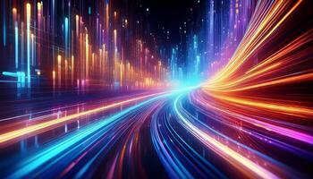 Colorful Light Streaks Create a Dynamic Digital Landscape With Vibrant Trails in a Futuristic Setting photo