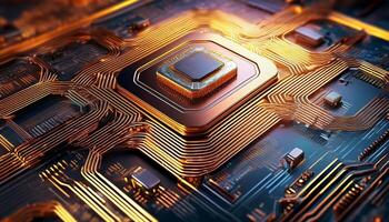 Close-up View of a High-Tech Microprocessor on a Circuit Board Illuminated With Warm Light photo
