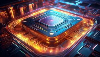 Electronic Circuit Design Showcasing a Glowing Microprocessor on a Motherboard During a Vibrant Lighting Effect photo