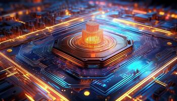 High-tech Circuit Board With Glowing Processor in Vibrant Colors and Intricate Details photo