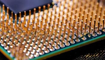 Close-up View of a Microprocessor Showcasing Fine Pins and Circuitry Detail Under Bright Lighting Conditions photo