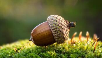 Acorn Resting on Moss With Soft Background Light in a Forest During Autumn photo