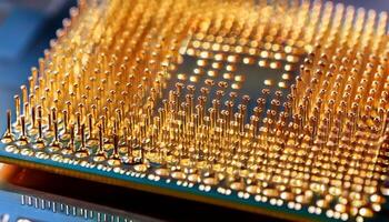Close-up View of a Microprocessor Showing Intricate Gold Pins and Circuit Details photo