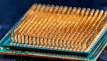 Intricate Arrangement of Gold Pins on a Computer Microprocessor Captured in Close-Up Detail photo