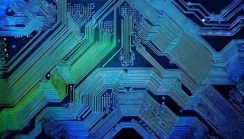 Circuit Board Patterns Illuminated in Vibrant Blue and Green Hues Showcasing Intricate Designs and Technology photo