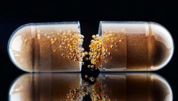 Capsules Filled With Tiny Beads Breaking Apart on a Reflective Surface in a Dark Setting photo
