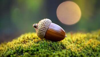 Bright Acorn Resting on Lush Green Moss in a Forest Setting During Early Morning Light photo