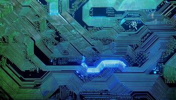 Intricate Circuitry Design Showcases Innovation in Technology and Electronic Engineering in a Vibrant Blue Glow photo
