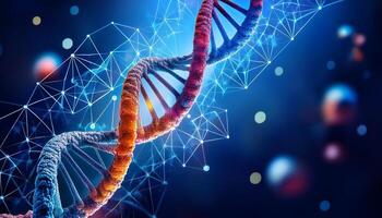 Exploring the Intricate Design of a DNA Double Helix Against a Vibrant and Dynamic Digital Background photo