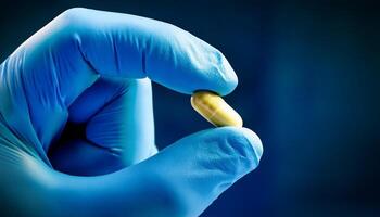 Hand in Gloves Holding a Yellow Capsule Against a Dark Background in a Laboratory Setting photo