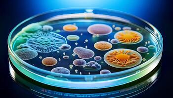 Colorful Microorganisms Observed in a Petri Dish at a Laboratory Setting During a Research Study photo