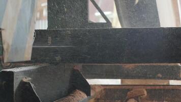 Closeup of cut pine tree log on sawing machine at wood production factory. Timber material processing and cutting at sawmill. Manufacturing process at lumber mill. Sawing woods on power machine 5 video