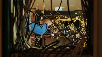 Networking service. network engineer administrator checking server hardware equipment of data center 13 video