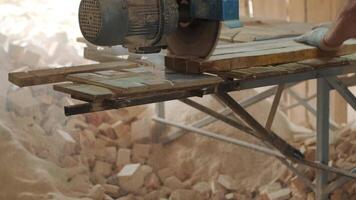 Closeup of cut pine tree log on sawing machine at wood production factory. Timber material processing and cutting at sawmill. Manufacturing process at lumber mill. Sawing woods on power machine 8 video