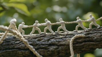 Unity and teamwork are visually represented in this captivating image, showcasing miniature figurines engaged in a collaborative tug of war on a textured tree branch, symbolizing strength in numbers photo