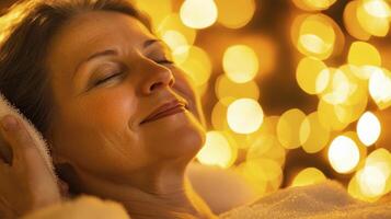 Serene Woman Relaxing A Captivating Image of a Woman Enjoying a Peaceful Moment of Self Care and Relaxation in a Warm, Glowing Atmosphere Discover the Essence of Tranquility with this Photo