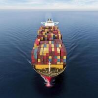 Cargo Ship at Sea Aerial View of Colorful Containers photo