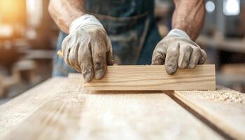 Craftsman Hands Planing Light Wood Plank in Workshop photo