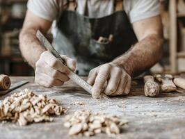 Craftsman Hands Shaping Wood in Rustic Workshop photo