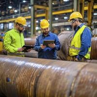 Factory Workers Inspecting Large Metal Pipes photo