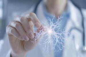 Doctor Interacting with Glowing Blue Digital Neuron Network photo