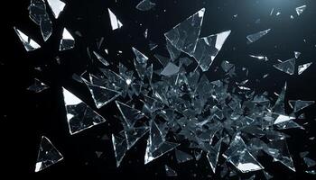 Flying Glass Shards on Black Background Reflecting Light with Sharp Edges photo