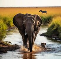 An elephant and a zebra crossing a river photo