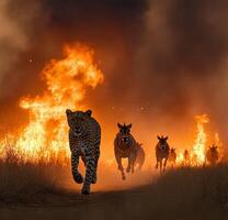 A leopard and a zebra running through a field of fire photo