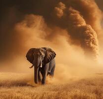 An elephant is walking through a field with smoke coming out of it photo