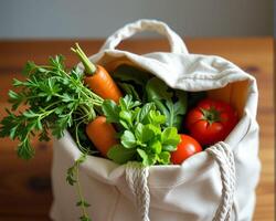Fresh Organic Vegetables in Grocery Bag on Wooden Table Surface photo
