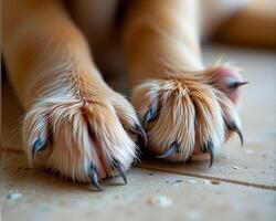 Close-up Of Dog Paws With Soft Fur And Sharp Claws On Floor photo