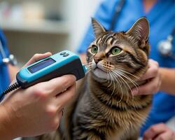 Veterinarian Examining Tabby Cat with Medical Equipment in Clinic photo