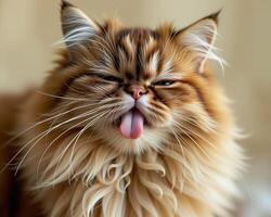 Adorable Long-Haired Cat Showing Its Tongue with Playful Expression photo